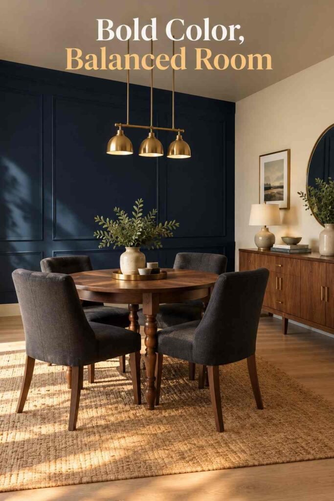 Dining Room Accent Wall Ideas That Will Transform Your Space in 2026 5 Close medium shot of a navy accent wall behind a sideboard with brass hardware.