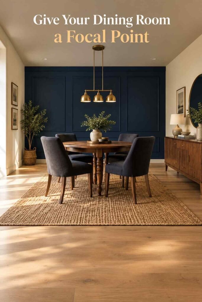 Dining Room Accent Wall Ideas That Will Transform Your Space in 2026 2 Dining room viewed from the corner showing the navy wall as the room's focal point.