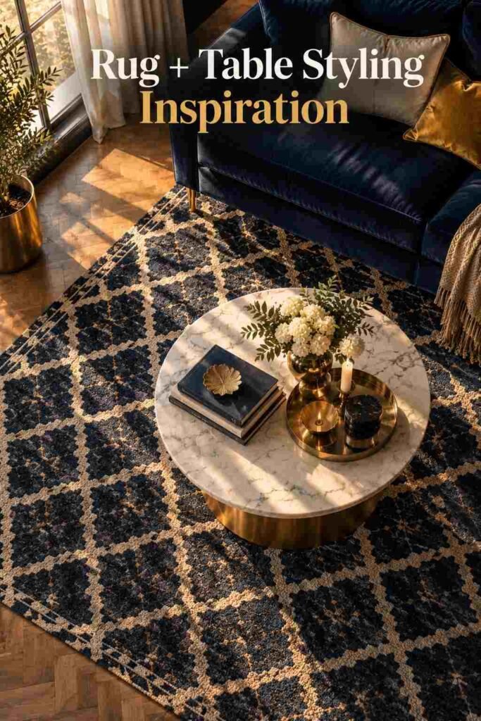Overhead view of a brass coffee table and navy diamond-patterned rug in a navy and gold living room.