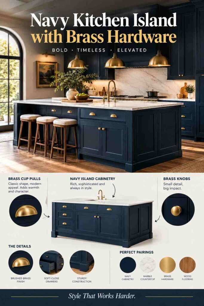 Navy kitchen island with brass hardware and marble countertop.