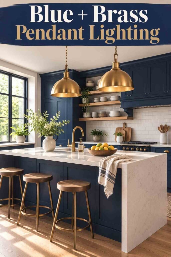 Blue Kitchen Ideas for 2026: Timeless Color Inspiration for Every Style 5 Navy blue kitchen island with white waterfall-edge quartz countertop and brass pendant lights.