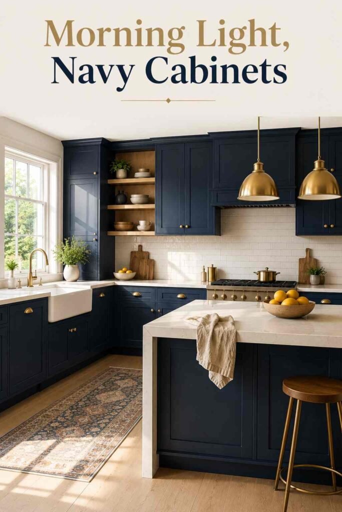 Blue Kitchen Ideas for 2026: Timeless Color Inspiration for Every Style 2 Navy kitchen cabinets and white subway tile backsplash lit by morning light from a window.