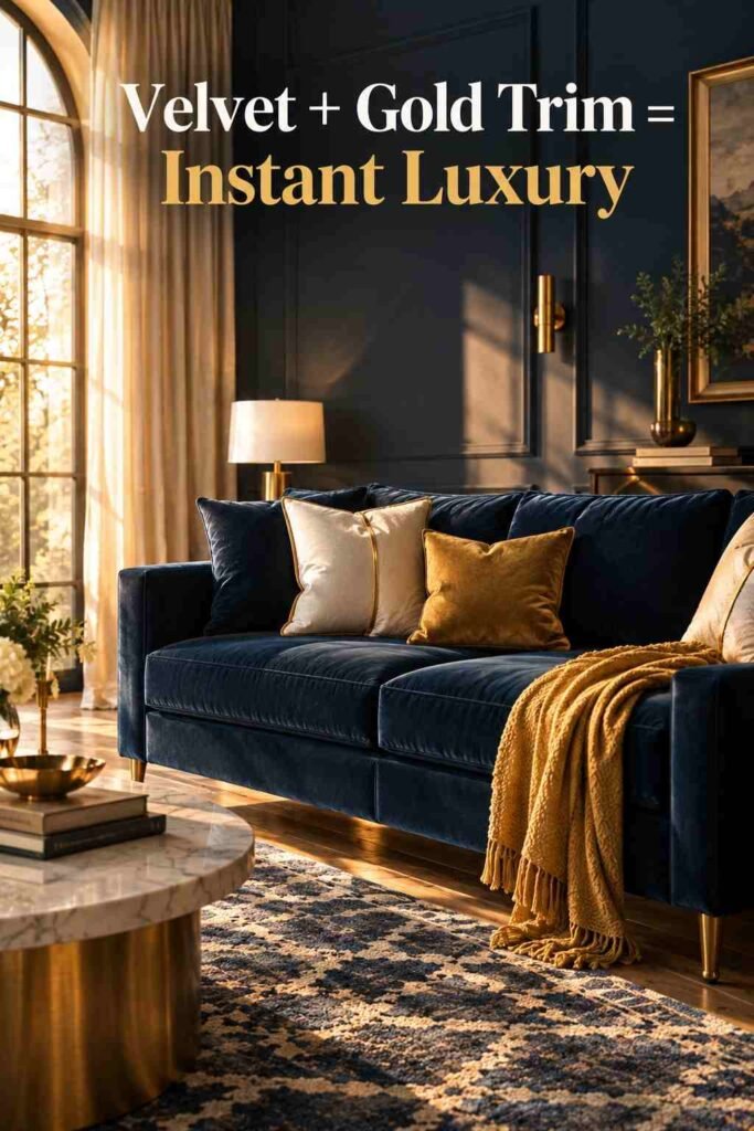 Navy velvet sofa styled with gold-piped ivory pillows and a mustard throw blanket.