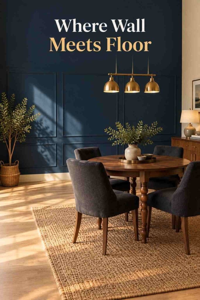 Dining Room Accent Wall Ideas That Will Transform Your Space in 2026 7 Navy accent wall meeting light oak flooring and a woven jute rug in a dining room.