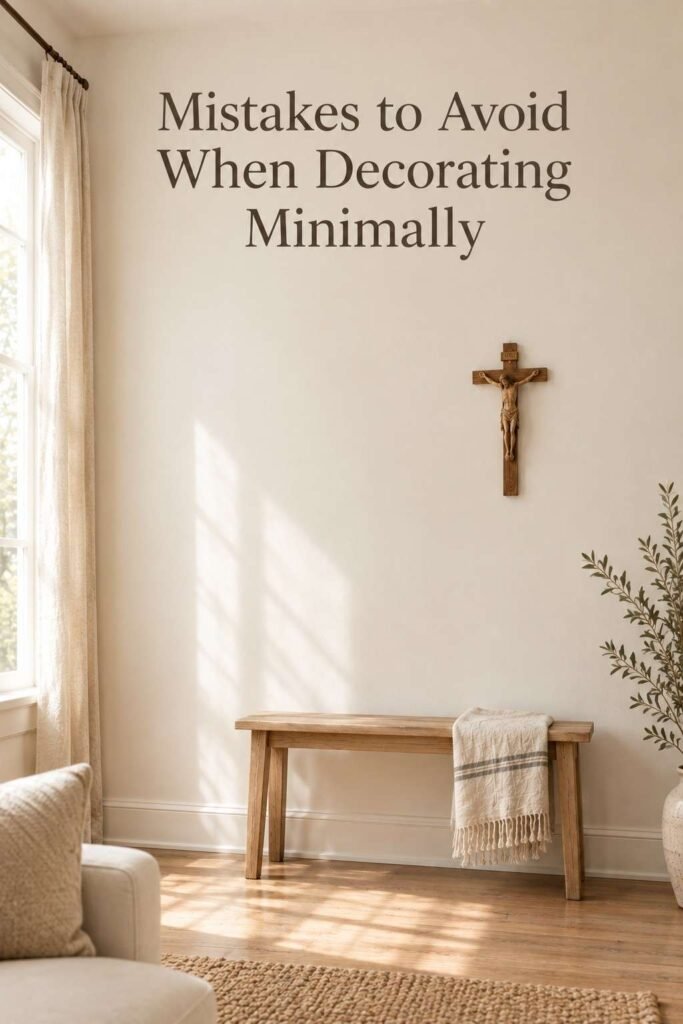 Minimal Catholic Home Decor Ideas for a Peaceful, Faith-Centered Home 8 Wide ivory wall with a single small crucifix positioned to the right, wood bench below.