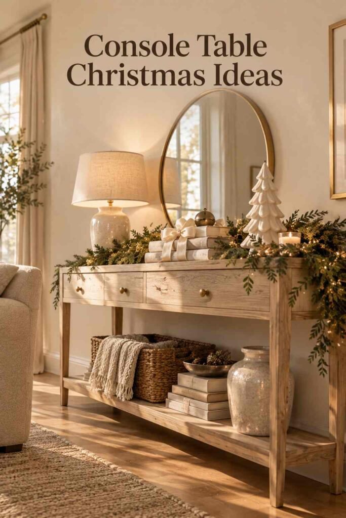 Neutral Christmas Decor Ideas for a Calm, Cozy, and Elegant Holiday Home 8 Console table styled for Christmas with a greenery garland, ribbon-tied books, and a ceramic tree.