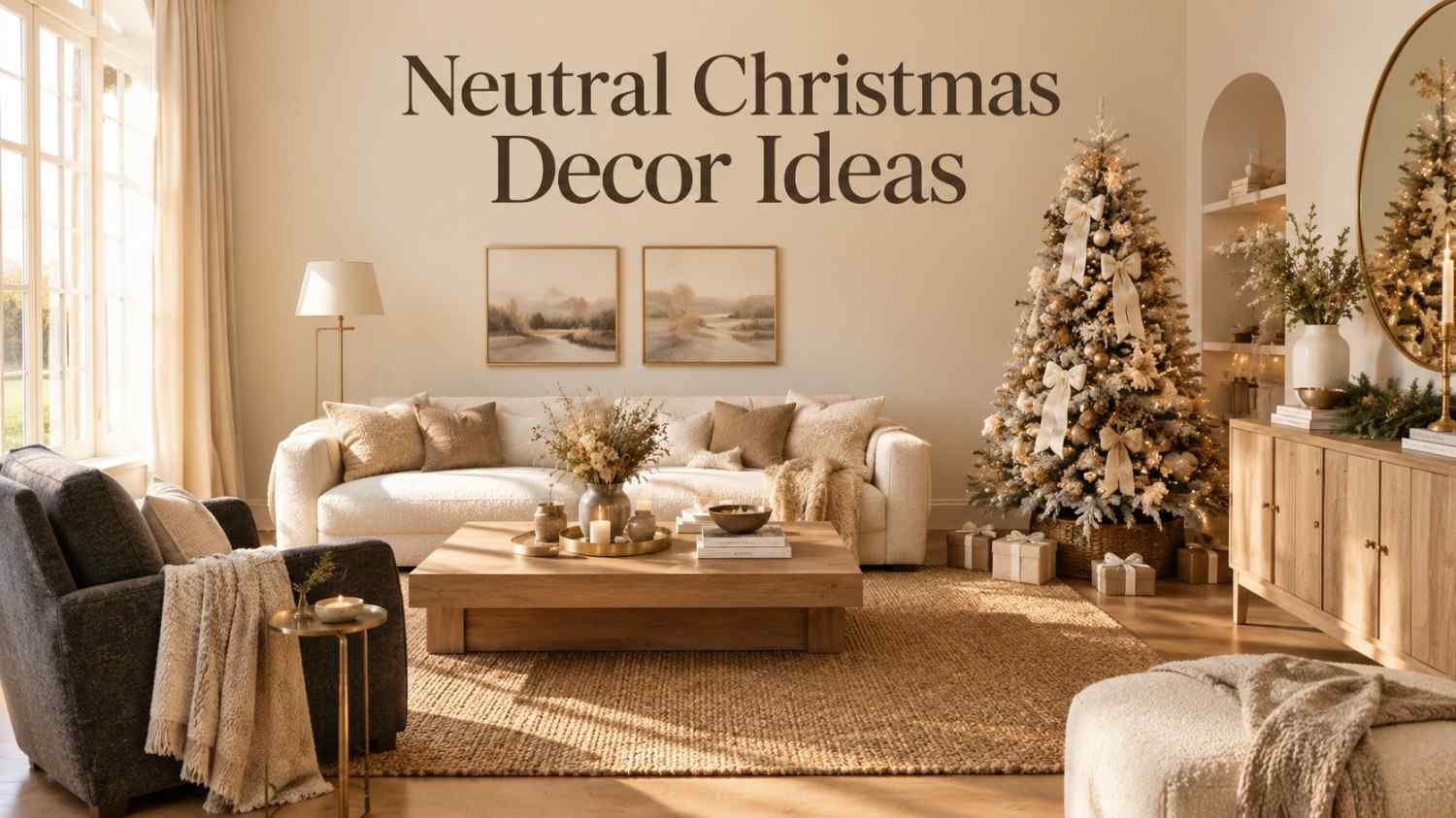 Living room decorated for Christmas in ivory, taupe, and champagne gold tones with a flocked tree and cream sofa.