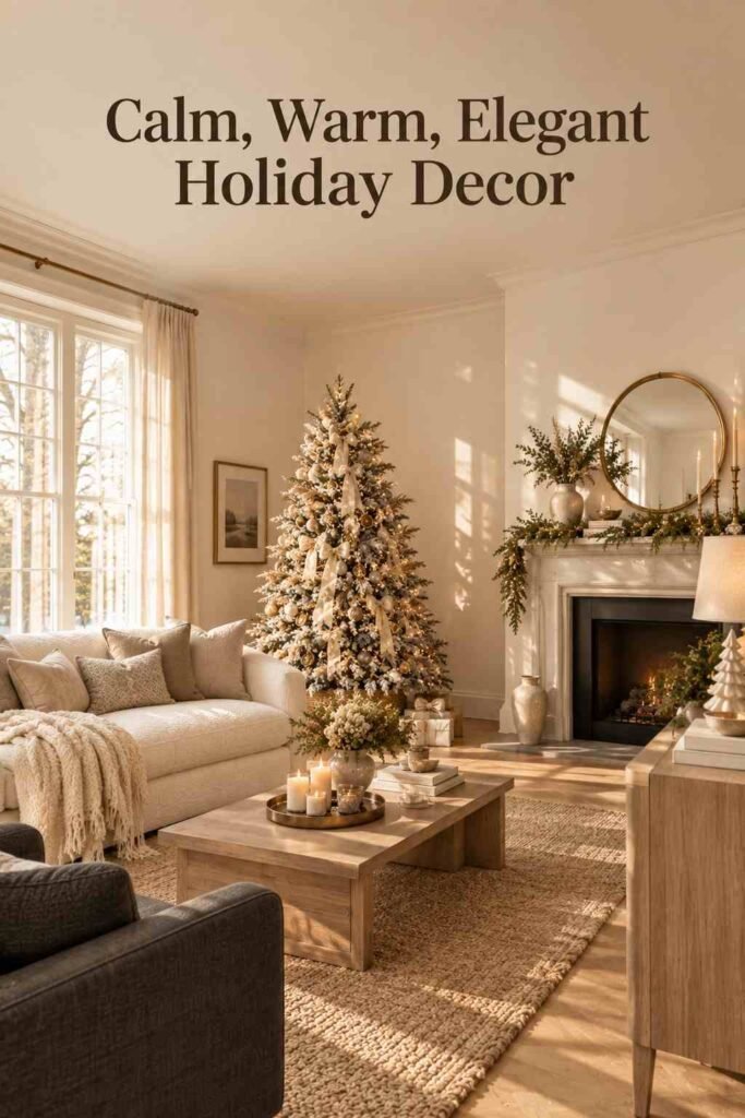 Neutral Christmas Decor Ideas for a Calm, Cozy, and Elegant Holiday Home 10 Full living room view showing neutral Christmas decor across the sofa, tree, and seating area.