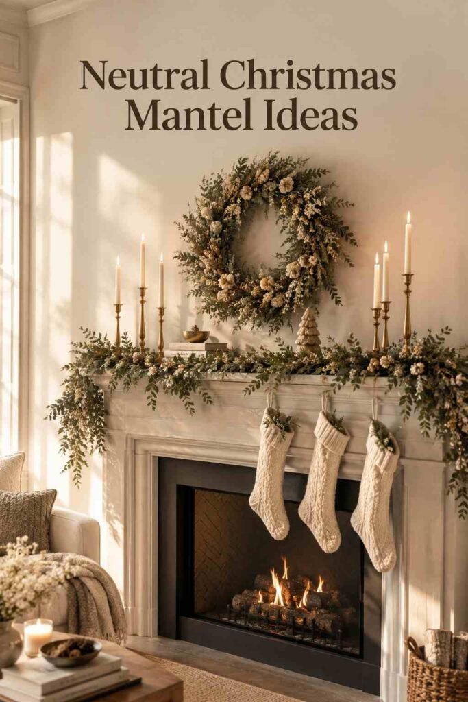 Neutral Christmas Decor Ideas for a Calm, Cozy, and Elegant Holiday Home 6 Fireplace mantel styled with brass candlesticks, a botanical wreath, and cream stockings for Christmas.