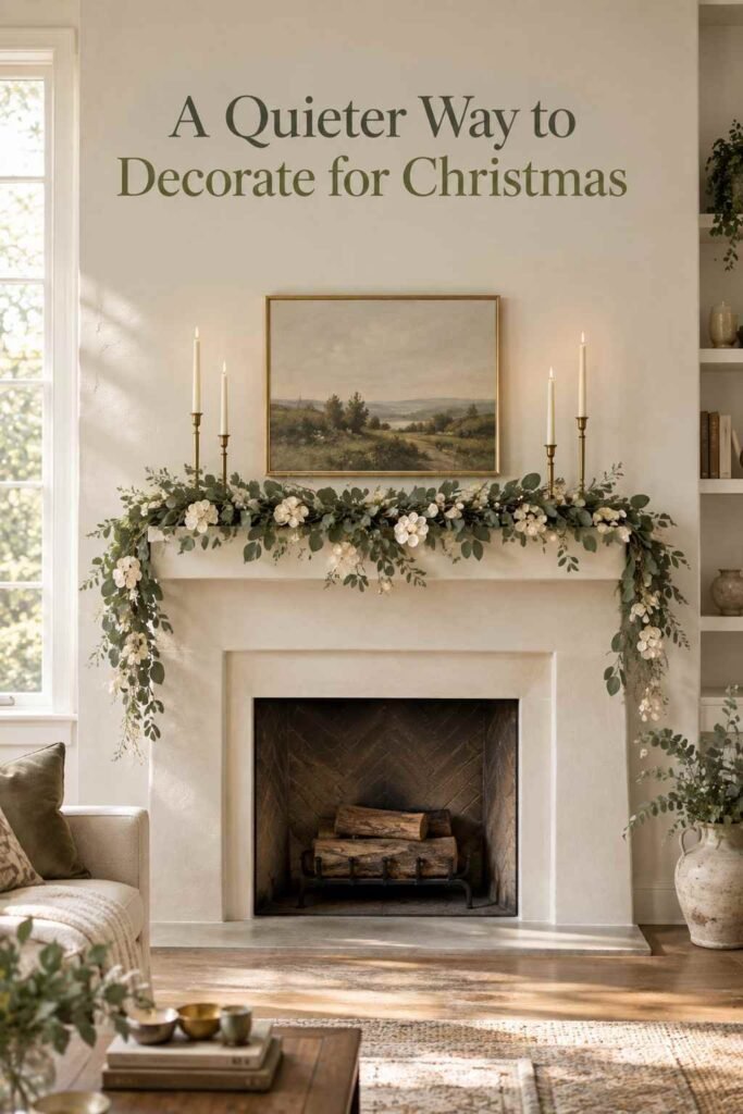 Neutral Christmas mantel with draped eucalyptus garland and champagne-gold taper holders on a plastered white fireplace.