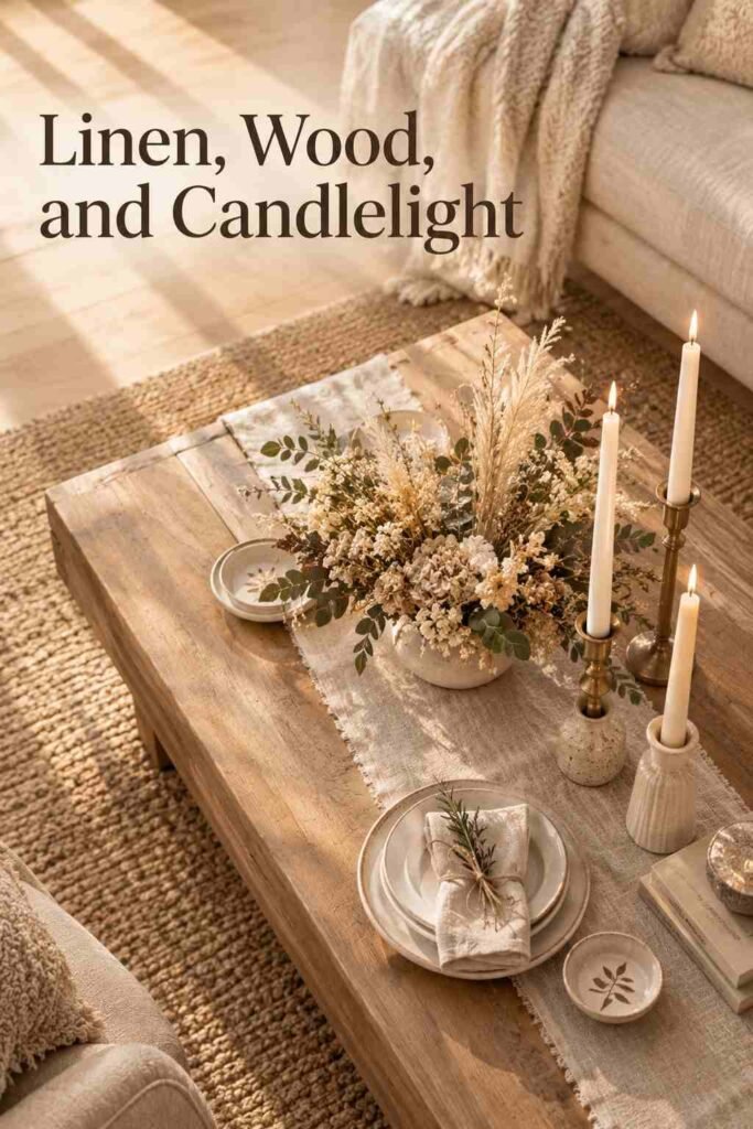 Neutral Christmas Decor Ideas for a Calm, Cozy, and Elegant Holiday Home 7 Overhead view of a neutral Christmas tablescape with linen runner, dried florals, and taper candles.