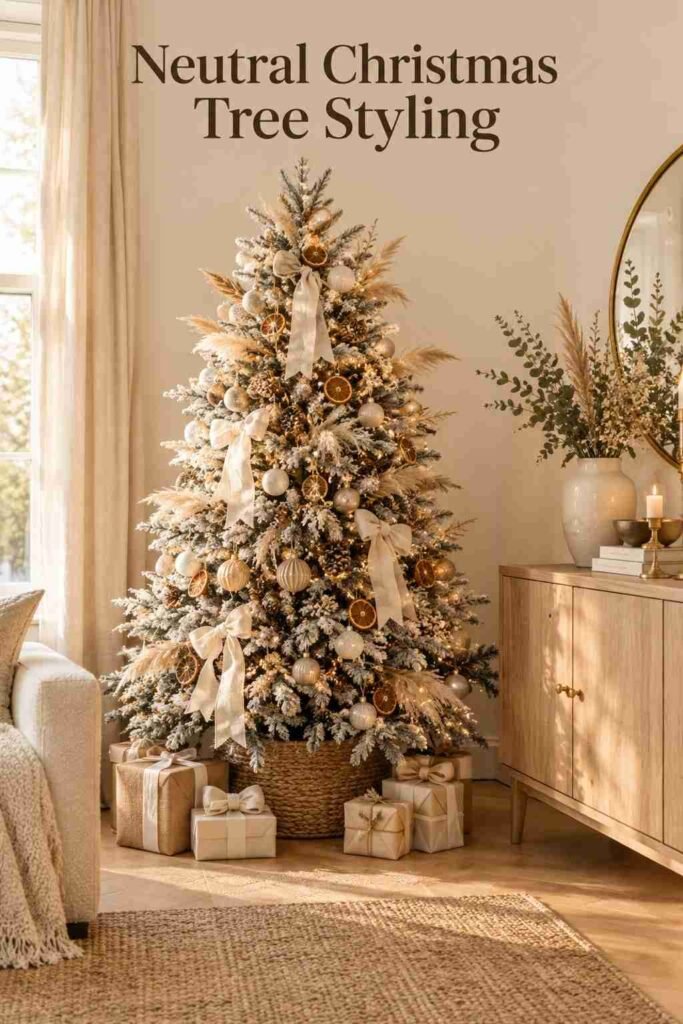 Neutral Christmas Decor Ideas for a Calm, Cozy, and Elegant Holiday Home 3 Flocked Christmas tree styled with ivory velvet ribbon, dried orange slices, and pampas grass.