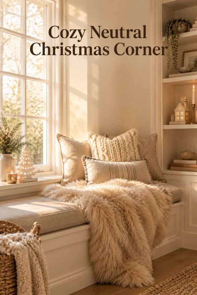 Neutral Christmas Decor Ideas for a Calm, Cozy, and Elegant Holiday Home 5 Window seat styled with a faux fur throw, cream pillows, and a small ceramic tree for Christmas.