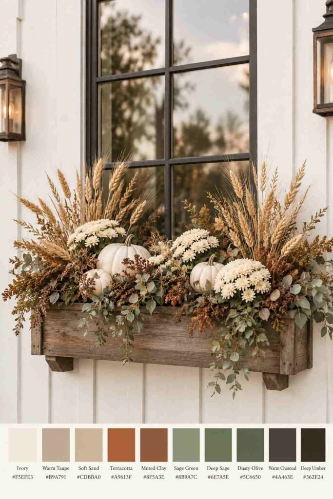 Fall Window Box Ideas to Turn Your Porch Into an Autumn Showstopper 17 Neutral wheat and cream farmhouse-style window box with color swatch strip.