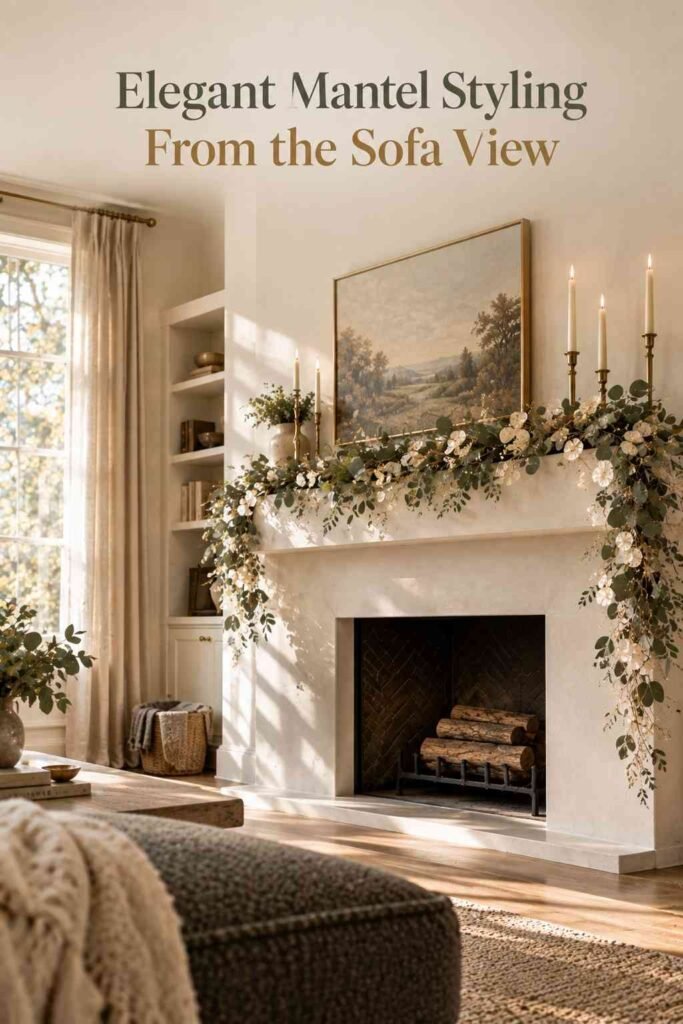 Neutral Christmas mantel decor seen past a charcoal boucle bench in a softly lit living room.
