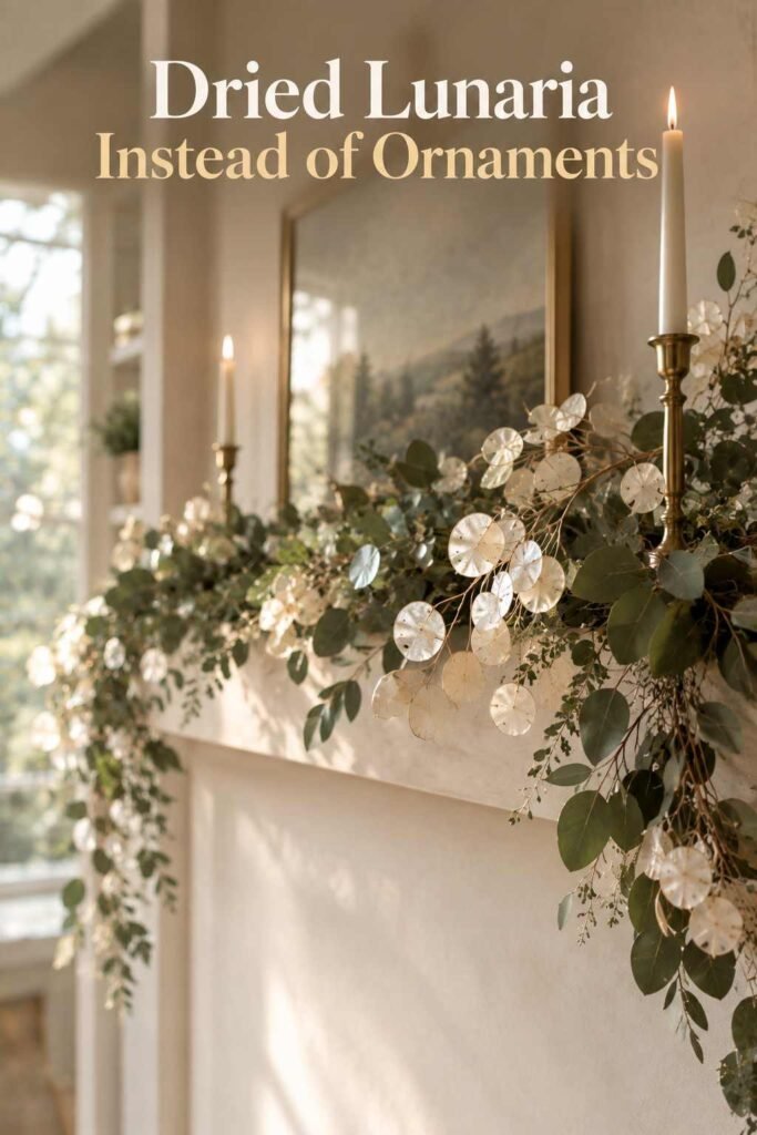 Dried lunaria stems and a champagne-gold taper candle detail on a neutral Christmas mantel.