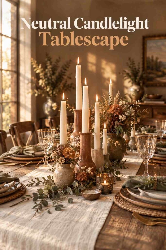 Cluster of taper candles at varied heights in matte ceramic holders on a neutral-toned dining table.
