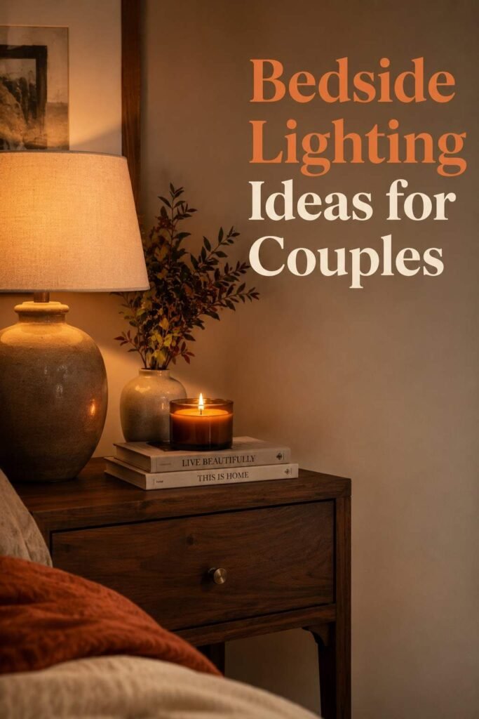 Styled walnut nightstand with a linen lamp, lit candle, and small stack of books against a soft white wall.