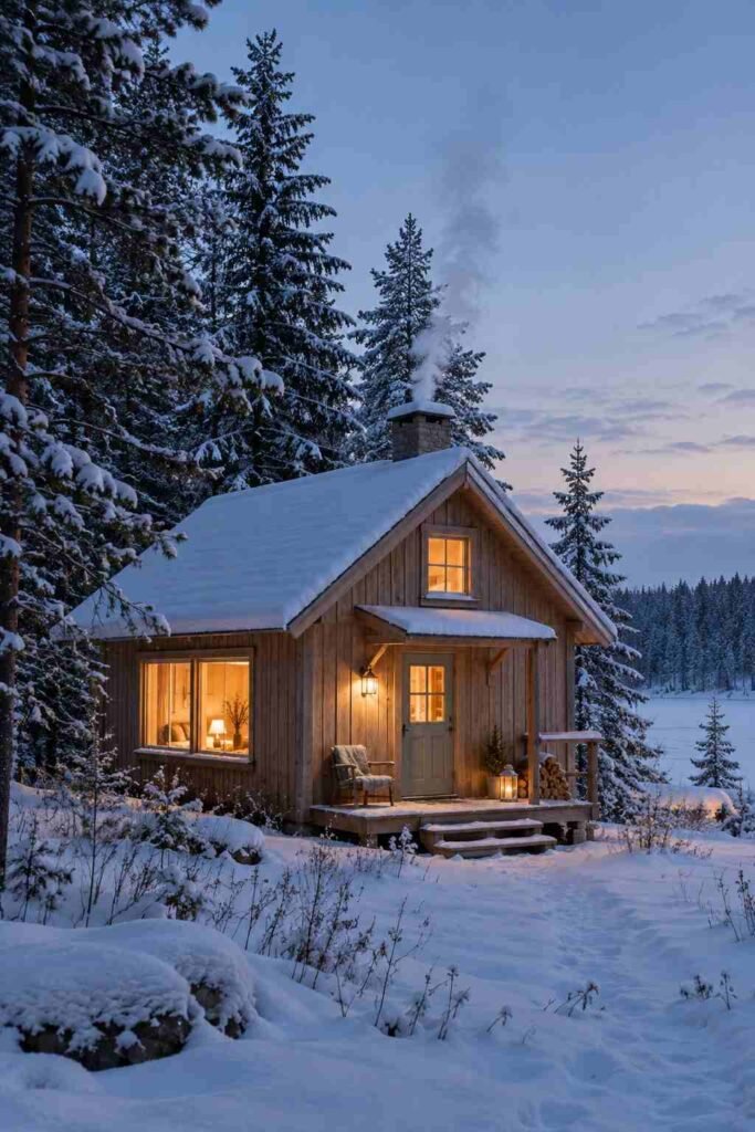 26 Scandinavian Cottage Interior Design Ideas for a Warm, Nordic, Light-Filled Home 2 Small Nordic cottage in a snowy forest with warm glowing windows at dusk