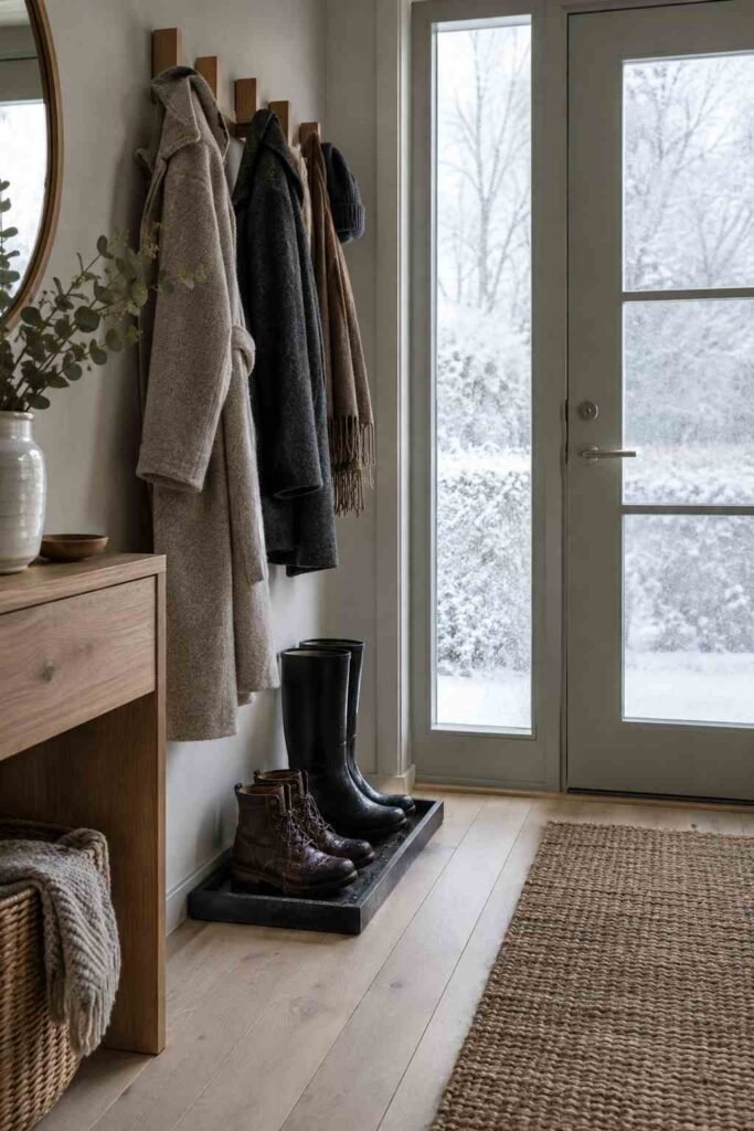 Nordic entryway on a winter day with wet boots on a tray and wool coats on wooden hooks