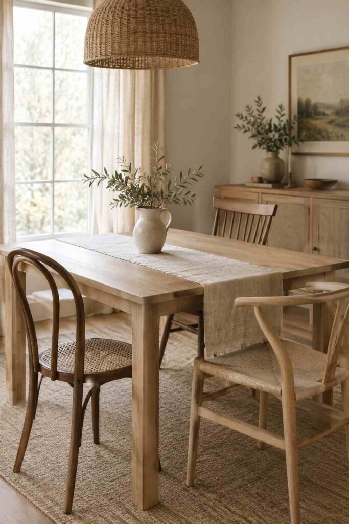 26 Scandinavian Cottage Interior Design Ideas for a Warm, Nordic, Light-Filled Home 10 Pale oak dining table with mixed wooden chairs in a Scandinavian cottage