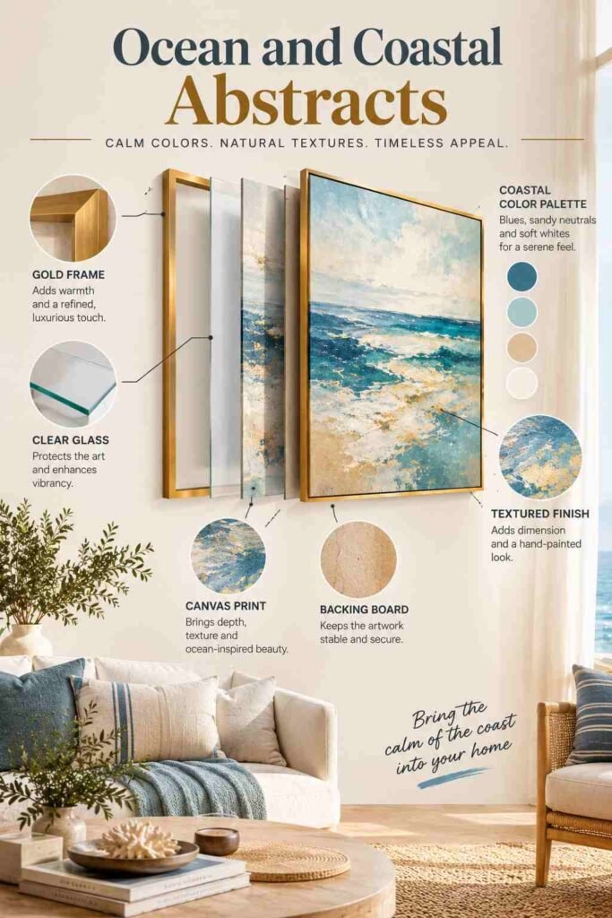 Luxury Wall Art Living Room Ideas to Transform Your Space in 2026 7 Ocean and coastal abstract wall art in a warm neutral living room with an exploded-view framed artwork display.