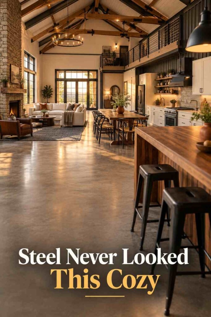 Barndominium Ideas to Inspire Your Exterior, Layout, and Interior 2 Diagonal view of an open barn home interior with a walnut island and black stools in the foreground, a dining table beyond, and glass doors at the far end.