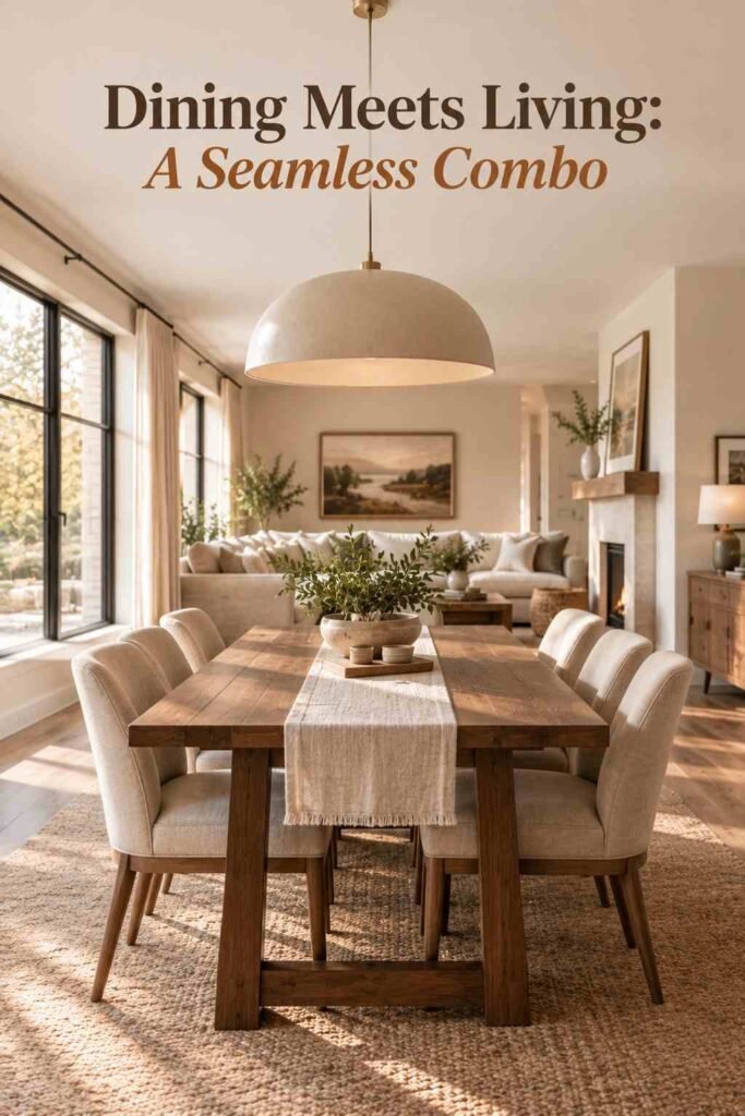 Walnut dining table with sculptural pendant light in an open concept living and dining space.