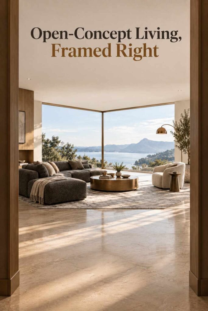 Luxury Corner Glass Wall Ideas to Transform Modern Home Design 5 Living room viewed from a doorway with a corner glass wall centered at the far end of the room.