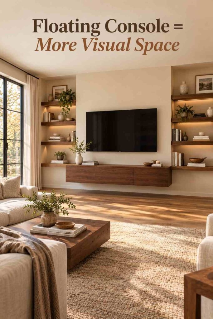Floating walnut media console and open shelving in an open concept living room.