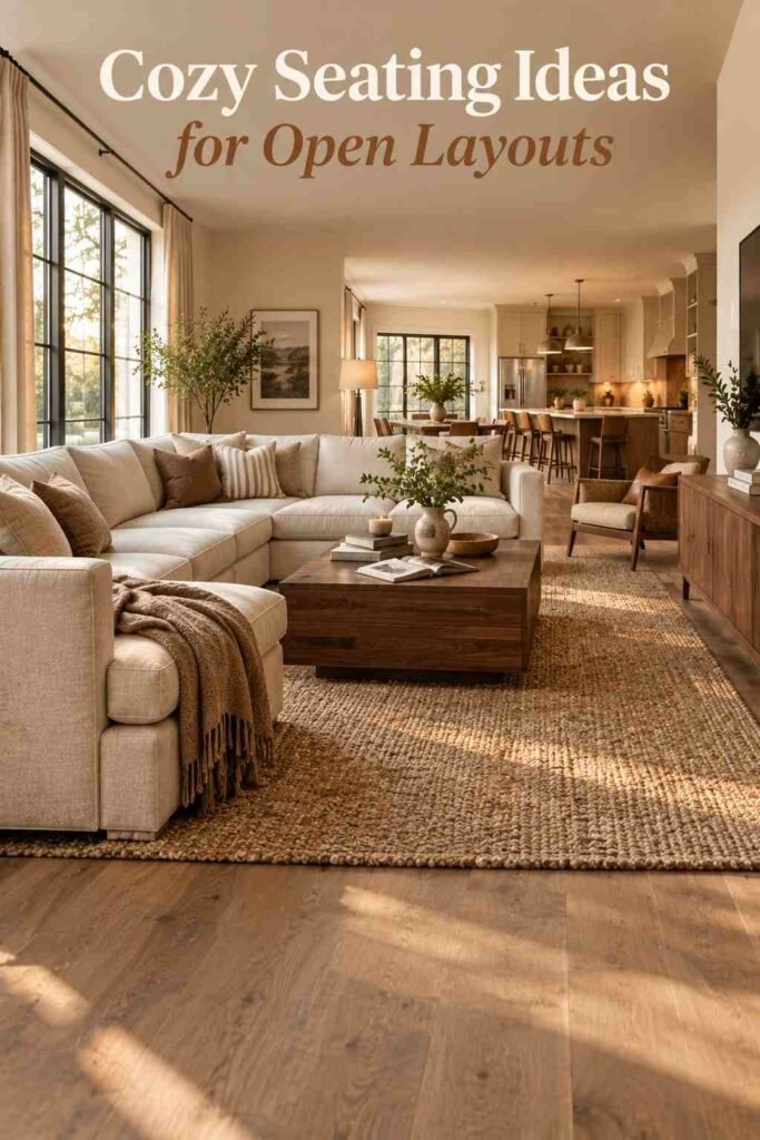Linen sectional sofa and walnut coffee table styled in an open concept living room.