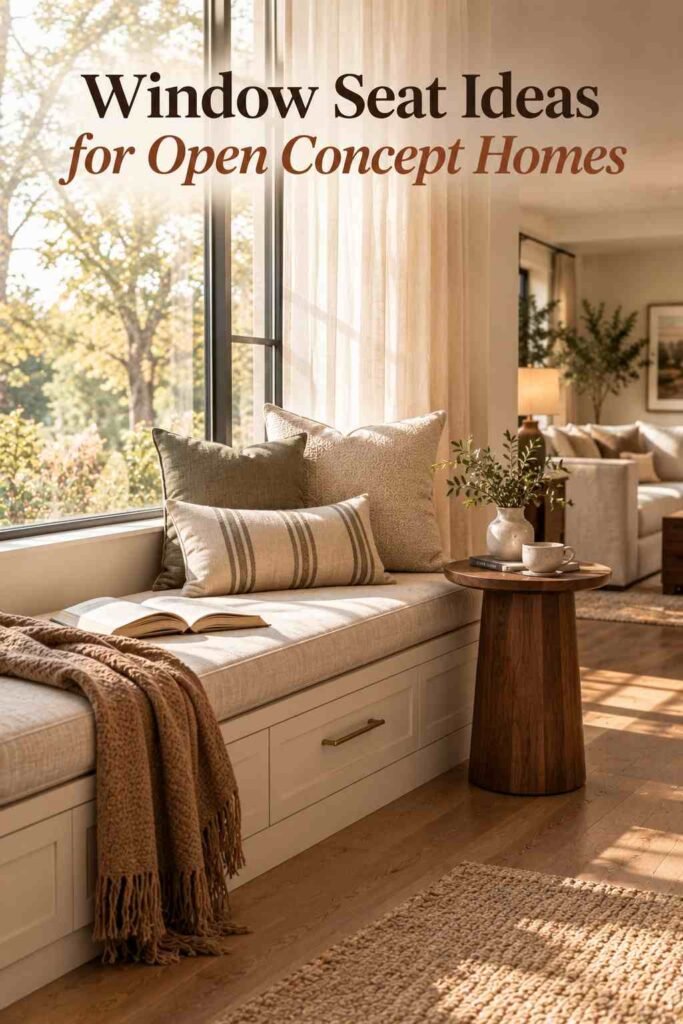 Built-in window seat with linen cushions in an open concept living room corner.