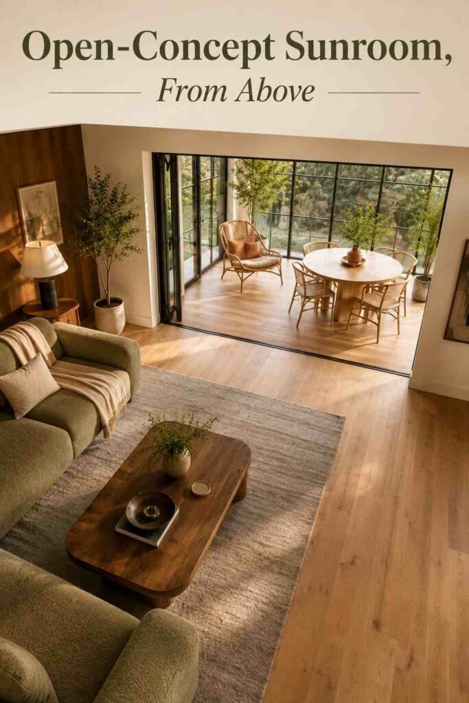Overhead-leaning angle of an open living room and sunroom connected by a wide black steel doorway, showing shared flooring throughout.