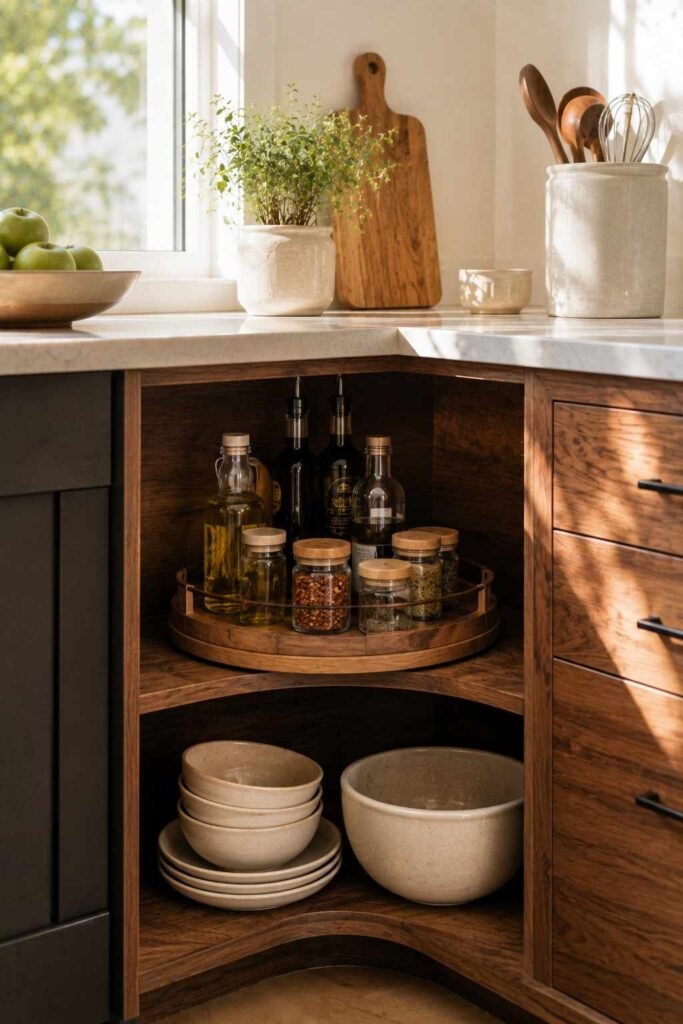 26 Kitchen Open Shelving Ideas for Corners: Styles, Sizes and Layouts 15 Open kitchen corner shelf with a wooden lazy Susan holding oils and spice jars