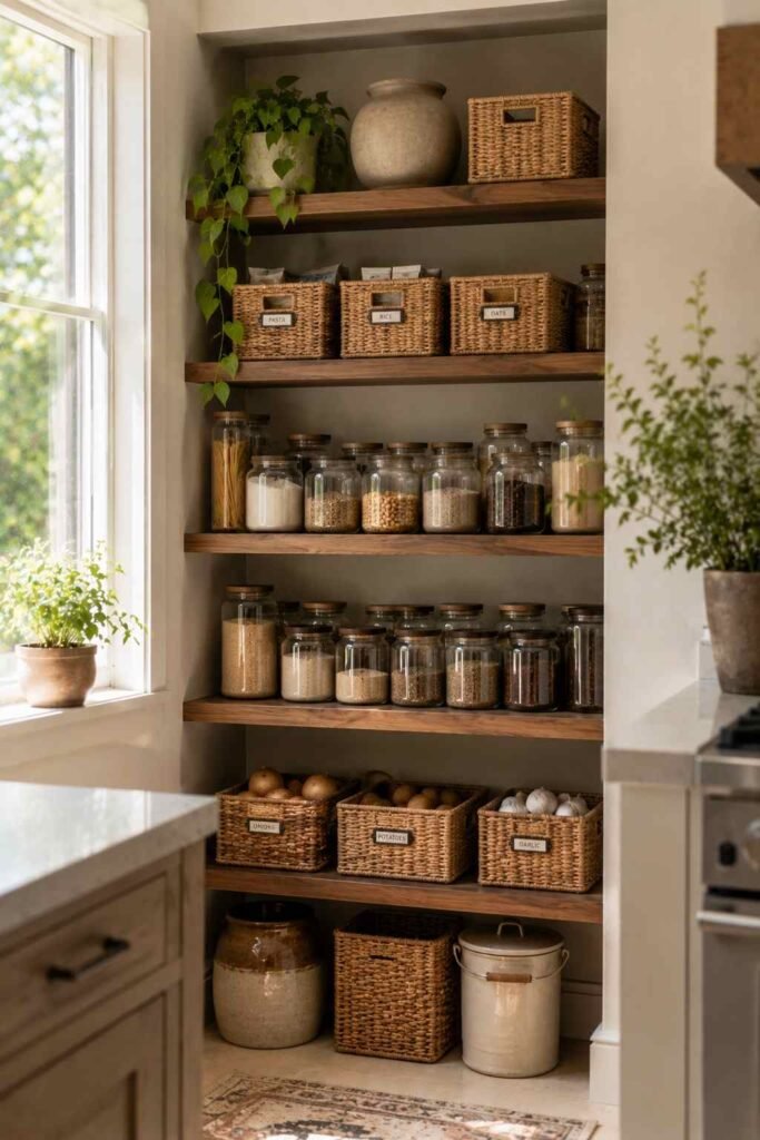 26 Kitchen Open Shelving Ideas for Corners: Styles, Sizes and Layouts 16 Floor-to-ceiling open corner pantry shelves with labeled bins and glass jars