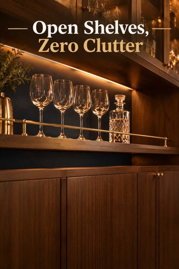 Dining Room Bar Ideas to Make Every Dinner Feel Like a Party 12 Open walnut shelf with a brass rail holding four wine glasses and a small crystal decanter against a deep navy wall.