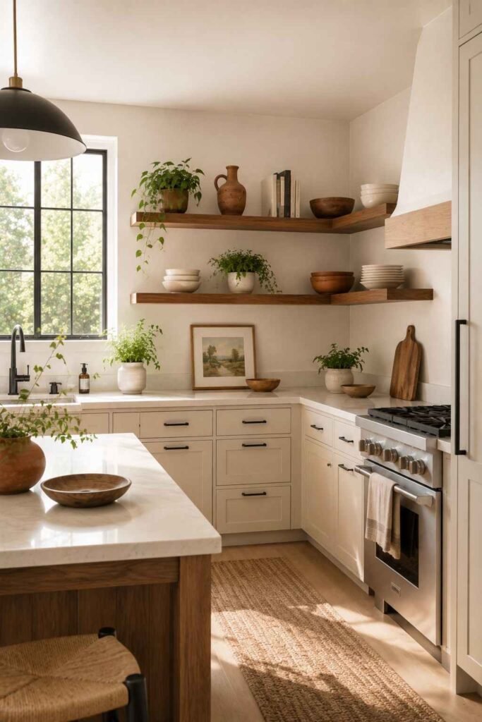 26 Kitchen Open Shelving Ideas for Corners: Styles, Sizes and Layouts 9 Modern kitchen with walnut corner shelves replacing an upper cabinet, with a cream, walnut and terracotta color palette strip