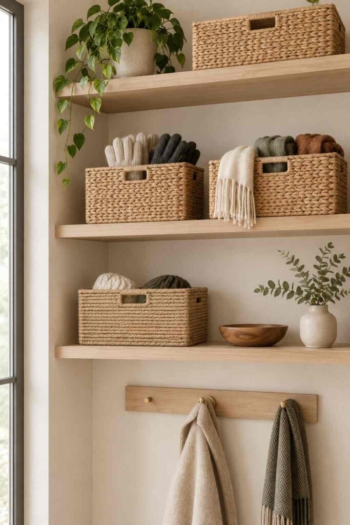 Open wood shelves with woven seagrass baskets for gloves and scarves in an entryway