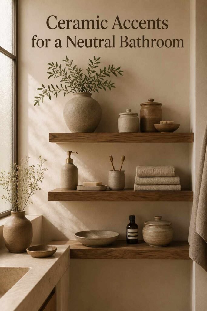 Open wood shelving styled with stoneware jars, ceramic trays, and folded linen towels.