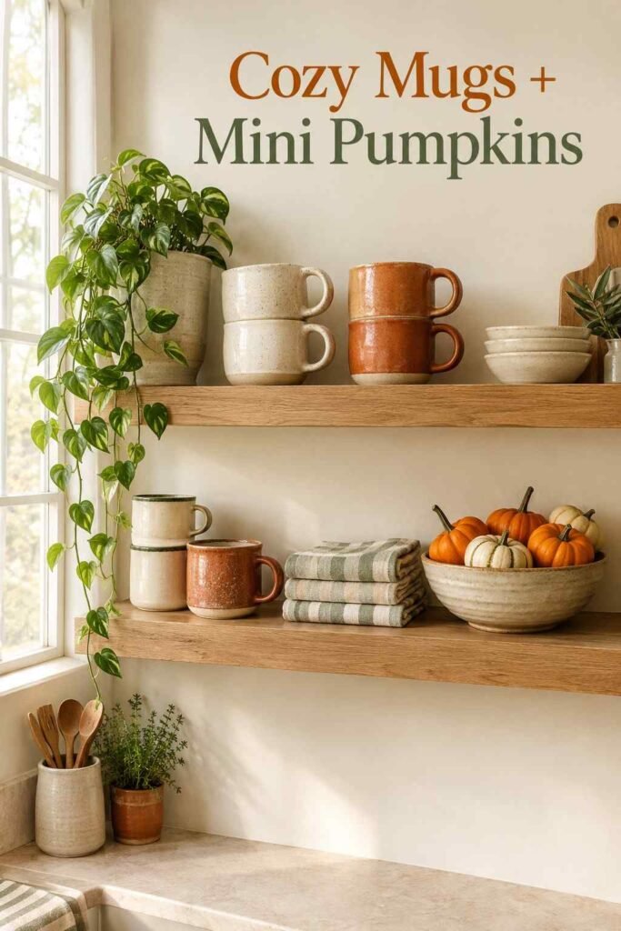 Open oak kitchen shelving styled with stacked mugs, folded towels, and a bowl of mini pumpkins.