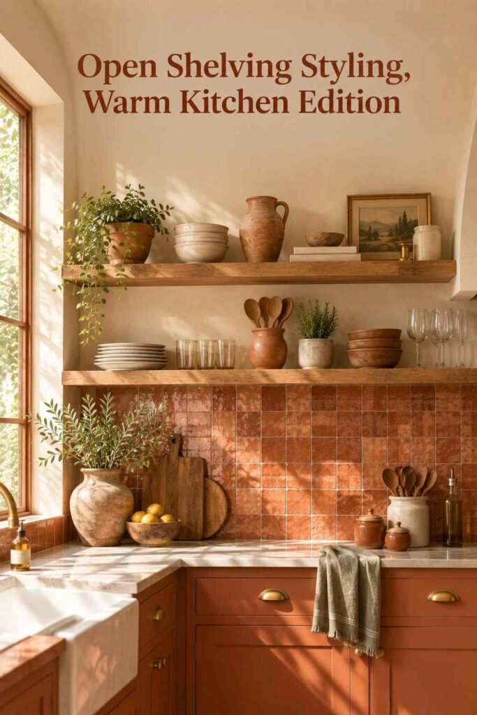 Open kitchen shelving styled with cream ceramics, terracotta pots, and a sage green linen towel.