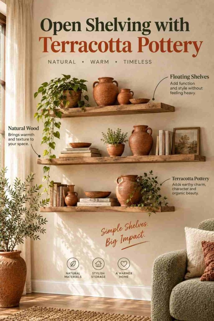 Sage Green and Terracotta Decor Ideas to Transform Every Room in Your Home 7 Open wood shelving styled with terracotta pottery, books, and trailing plants in a warm boho living room.