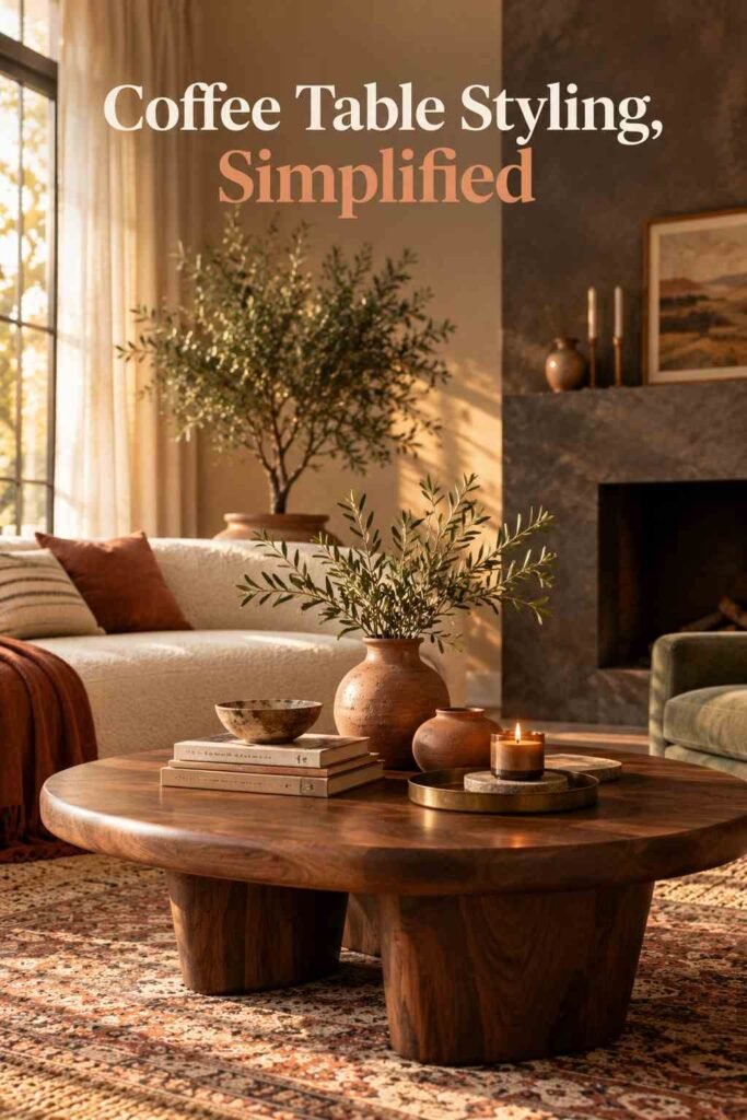 Close-up of a walnut coffee table styled with terracotta ceramic vessels and books in a warm organic modern living room.