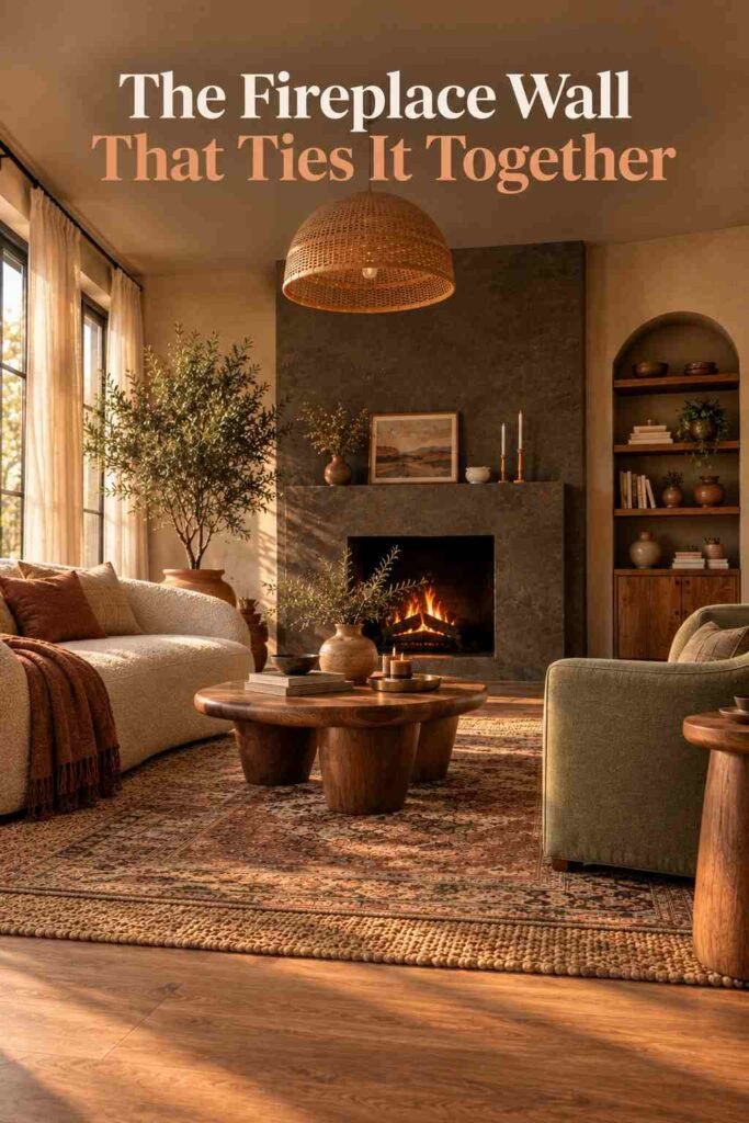 Plastered charcoal fireplace wall as the focal point of a warm organic modern living room, flanked by a sofa and accent chair.