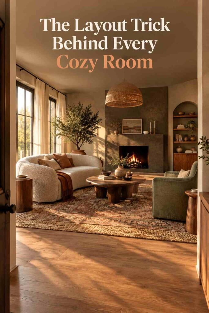 Three-quarter view of an organic modern living room from the doorway, showing a layered jute and wool rug and clear walkway.