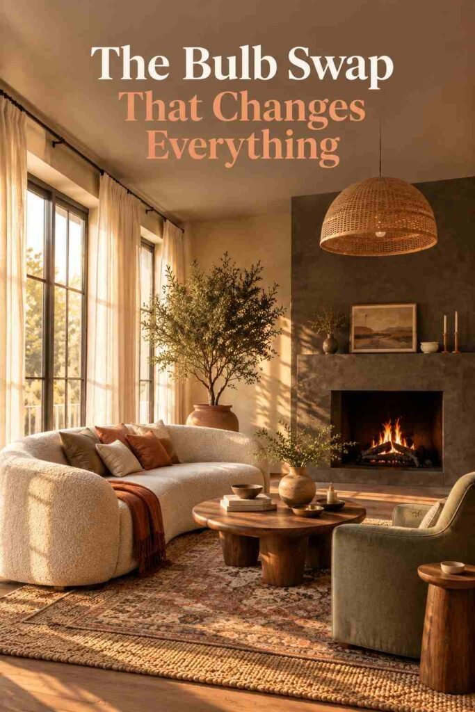 Warm afternoon light filtering through ivory linen drapery onto a jute rug and olive tree in an organic modern living room.