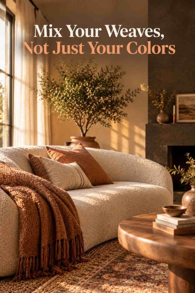 Close-up of a boucle sofa corner with a wool throw and linen pillows in a warm organic modern living room.