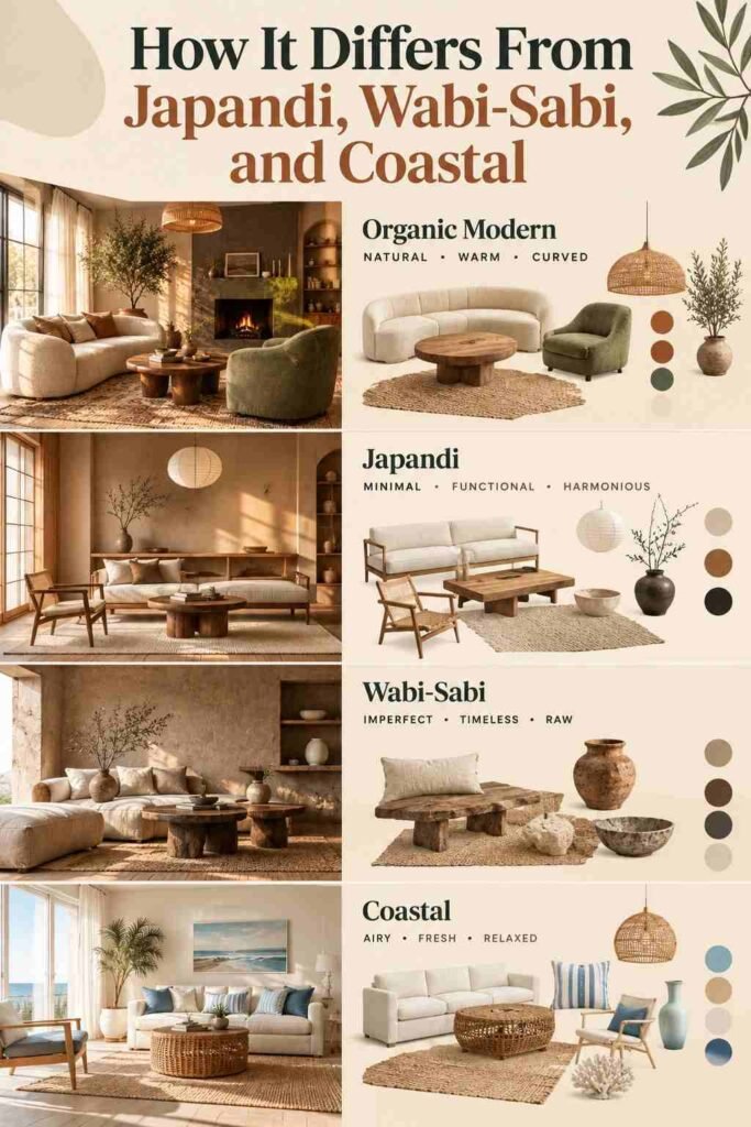 Organic modern interior design compared with Japandi, Wabi-Sabi, and Coastal styles.
