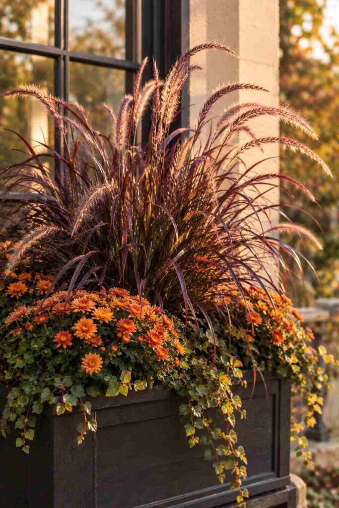 25 stylish Autumn Window Boxes: pansies, violas, heuchera to Make Your Home Glow 11 Purple fountain grass in a fall window box catching low autumn light