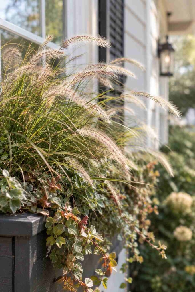 Fall Window Box Ideas to Turn Your Porch Into an Autumn Showstopper 12 Dwarf fountain grass filling a meadow-style fall window box.